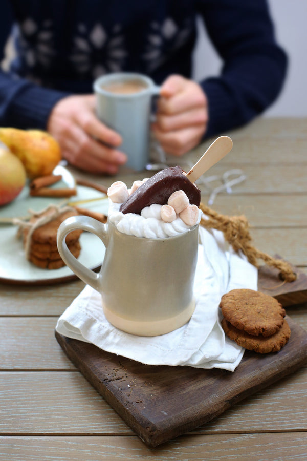mug of hot chocolate decorated with coconut whipped cream andmiiro ice cream